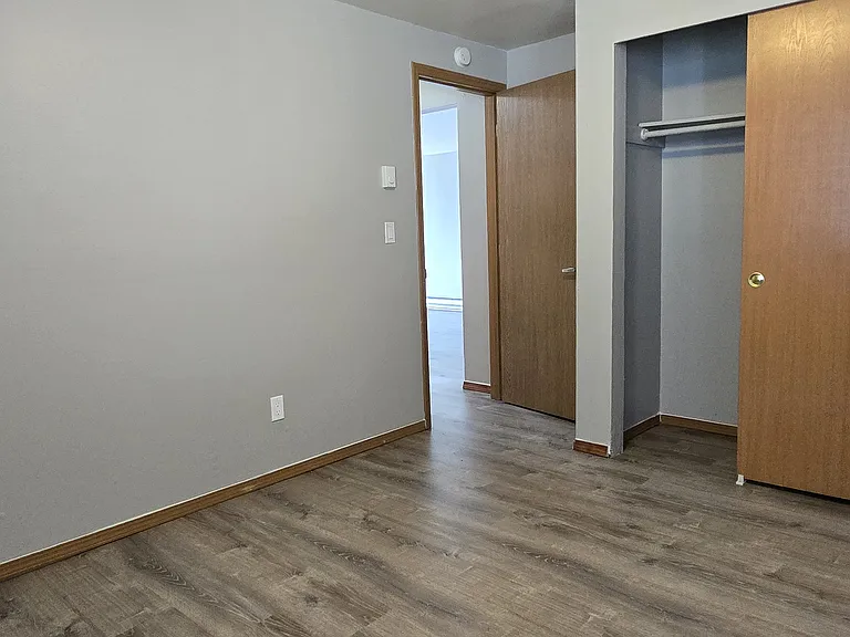 Comfortable guest bedroom with wood-style flooring, neutral tones, and a spacious closet. Features a clean layout with easy access to the hallway, perfect for guests or a home office.