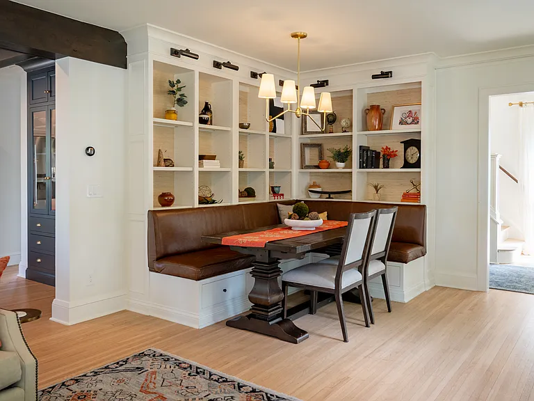 Dining area easily seats 8+ with table extension.