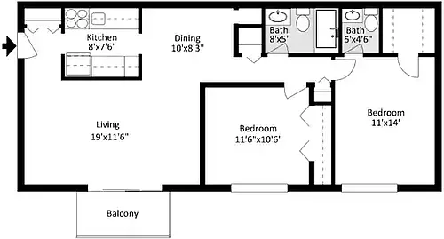 Floor plan 2 Bedroom 1 Full 1 Half Bath w-Patio or w-Balcony