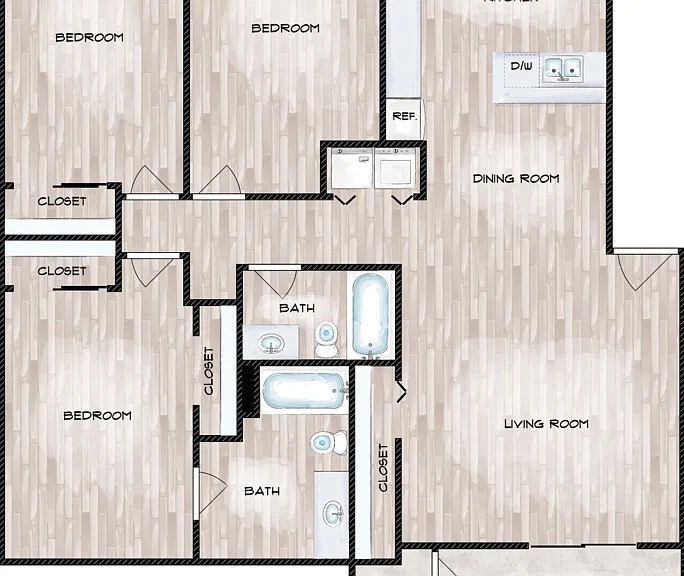 Three Bedroom Two Bath B Floorplan Diagram