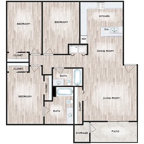 Floor plan Three Bedroom Two Bath B