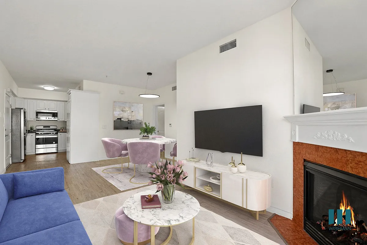 Kitchen, Dining, and Living Room with Electric Fireplace - Colby Villas by Wiseman