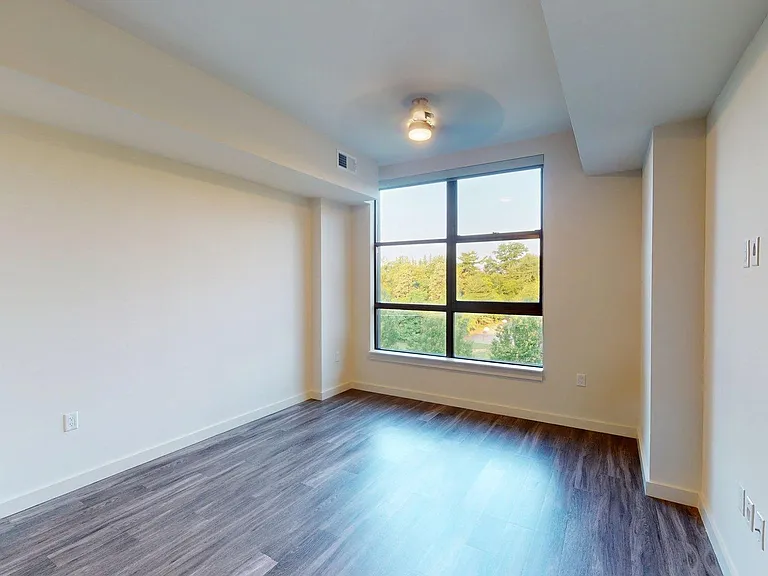 Apartment living room with wood-style flooring.