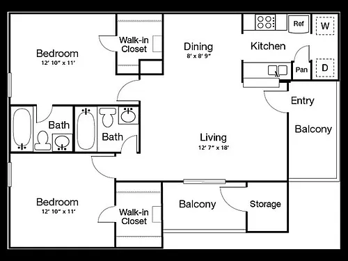 Floor plan 2 Bed, 2 Bath B
