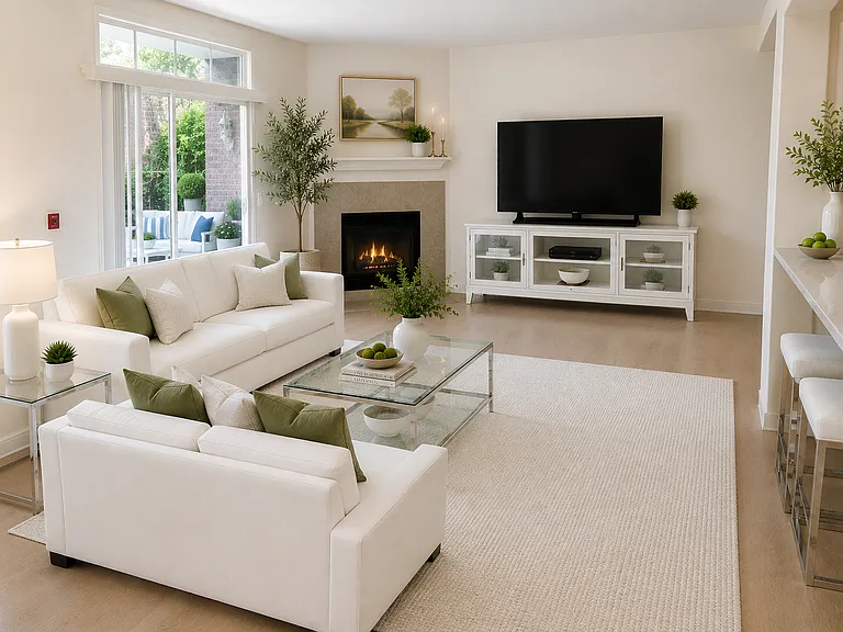 Family room in lower level 2 bedroom unit. Plank flooring in select units