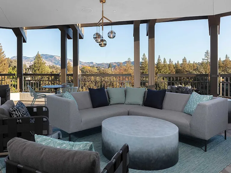 Phase II Rooftop terrace with lounge seating and views of Mount Diablo