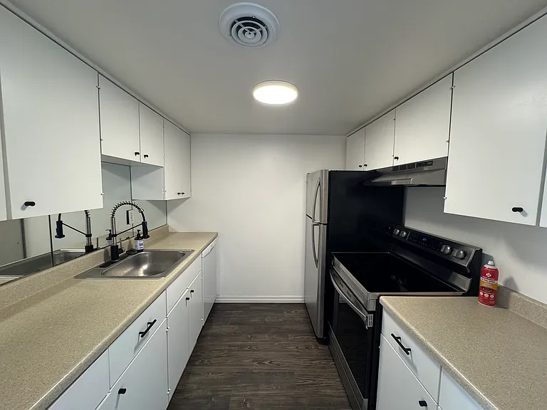 Kitchen features bright lighting and modern appliances including a reliable Bosch dishwasher and Samsung convection oven.