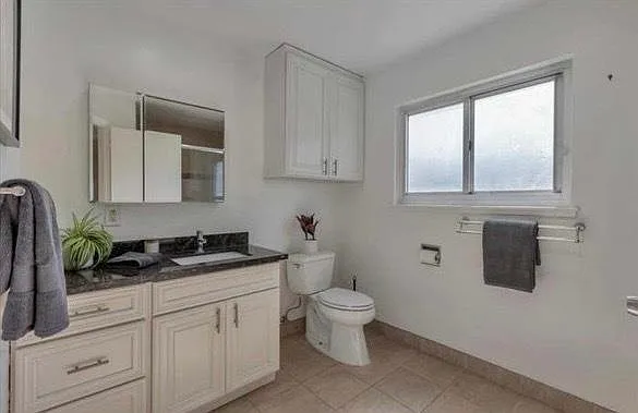 Bathroom sink, storage, and toilet