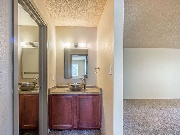 Stone Garden on Birch bathroom sink, mirrors, and living area