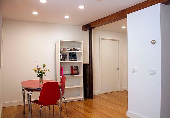 view looking at entrance door and eating area