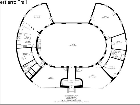 Floorplan of the Center building; two ovals within each other.
Outer oval: 
East: Three Treatment rooms / 
 Bedrooms / Bathroom
West: Kitchen / Dining and two Toilets,
 large Storage room with shelves