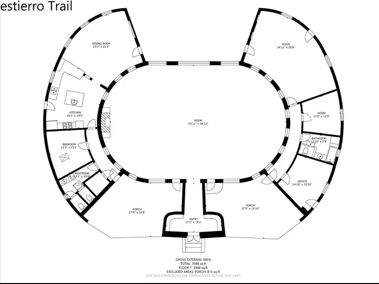 Floorplan of the Center building; two ovals within each other.
Outer oval:
East: Three Treatment rooms /
Bedrooms / Bathroom
West: Kitchen / Dining and two Toilets,
large Storage room with shelves