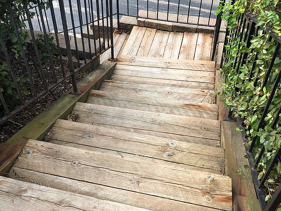Stairs to beautiful pond.