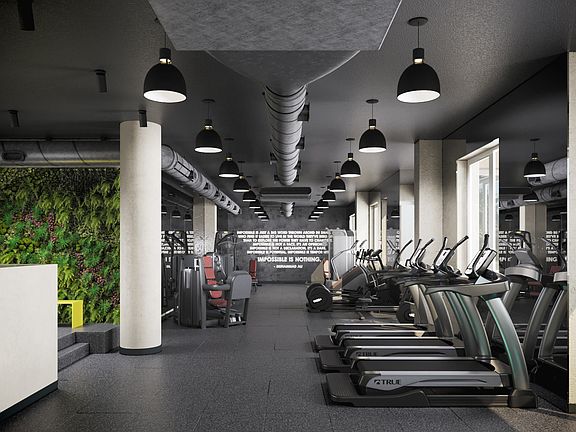 Modern commercial grade fitness center with strength, cardio and stretching options