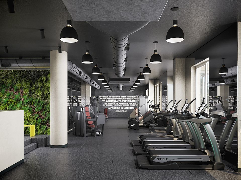 Modern commercial grade fitness center with strength, cardio and stretching options