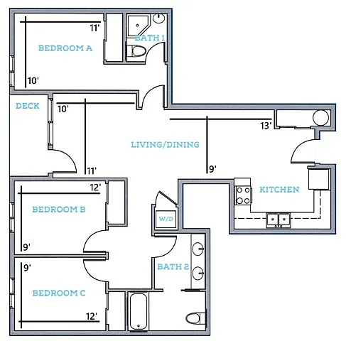 Floor plan 3BR/2BA - A