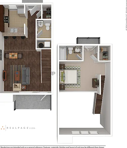 Two level one bedroom, one and a half bathroom apartment