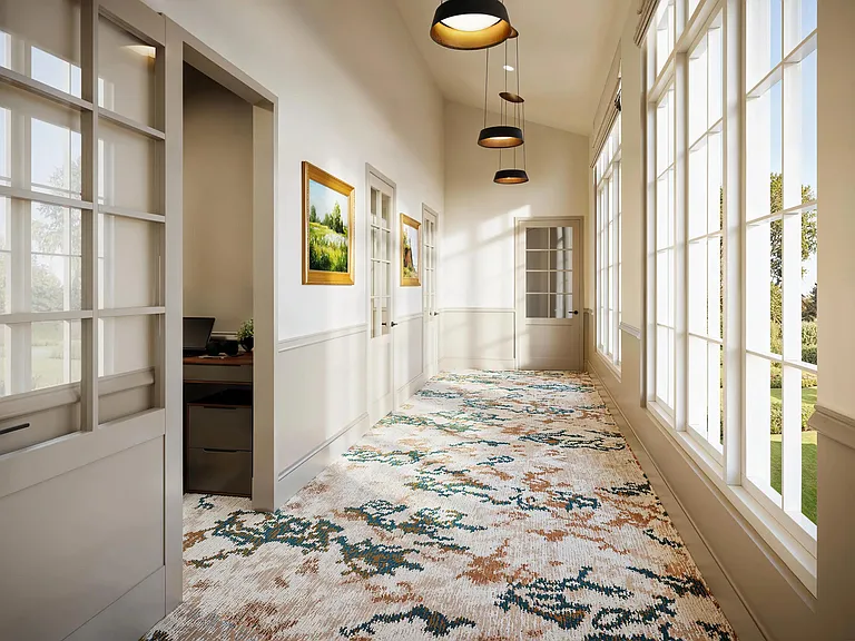 A quiet corridor lined with private Work From Home pods offers residents dedicated spaces for focus, virtual meetings, and productivity throughout the day.