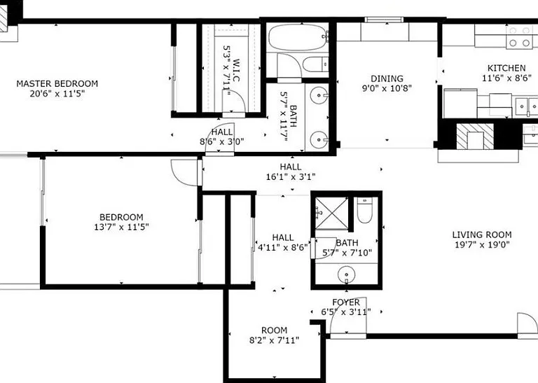 Floor plan - not shown is private in-unit Washer & Dryer. The W/D is accessible through the door in the living room.