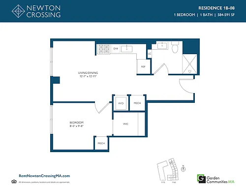 Floor plan Corner One Bedroom Apartment 1B-08