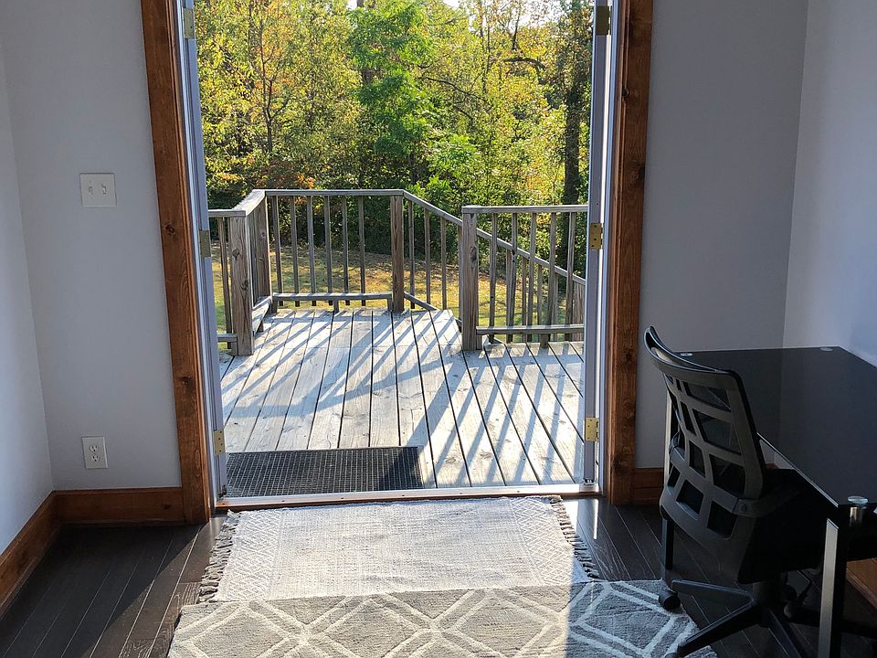 Looking out the double door into the woods.