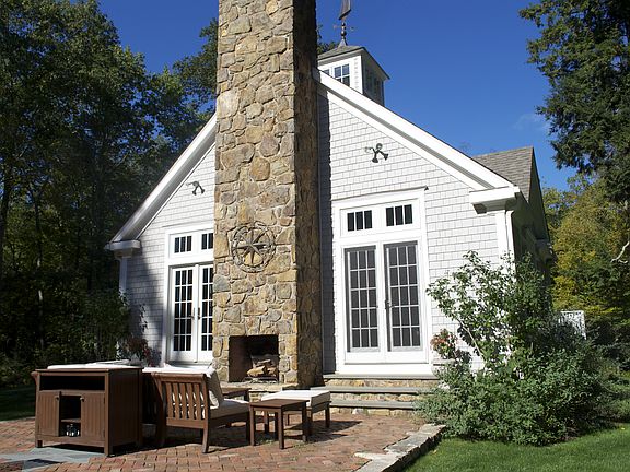 Patio with fireplace