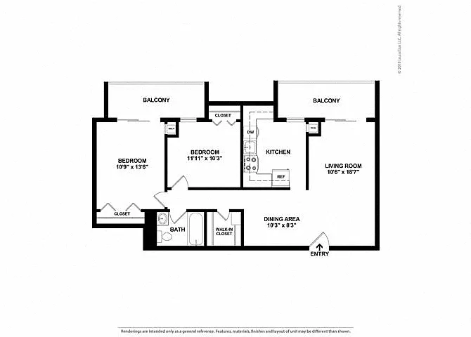 Floor plan 2 Bed, 1 Bath - Highrise