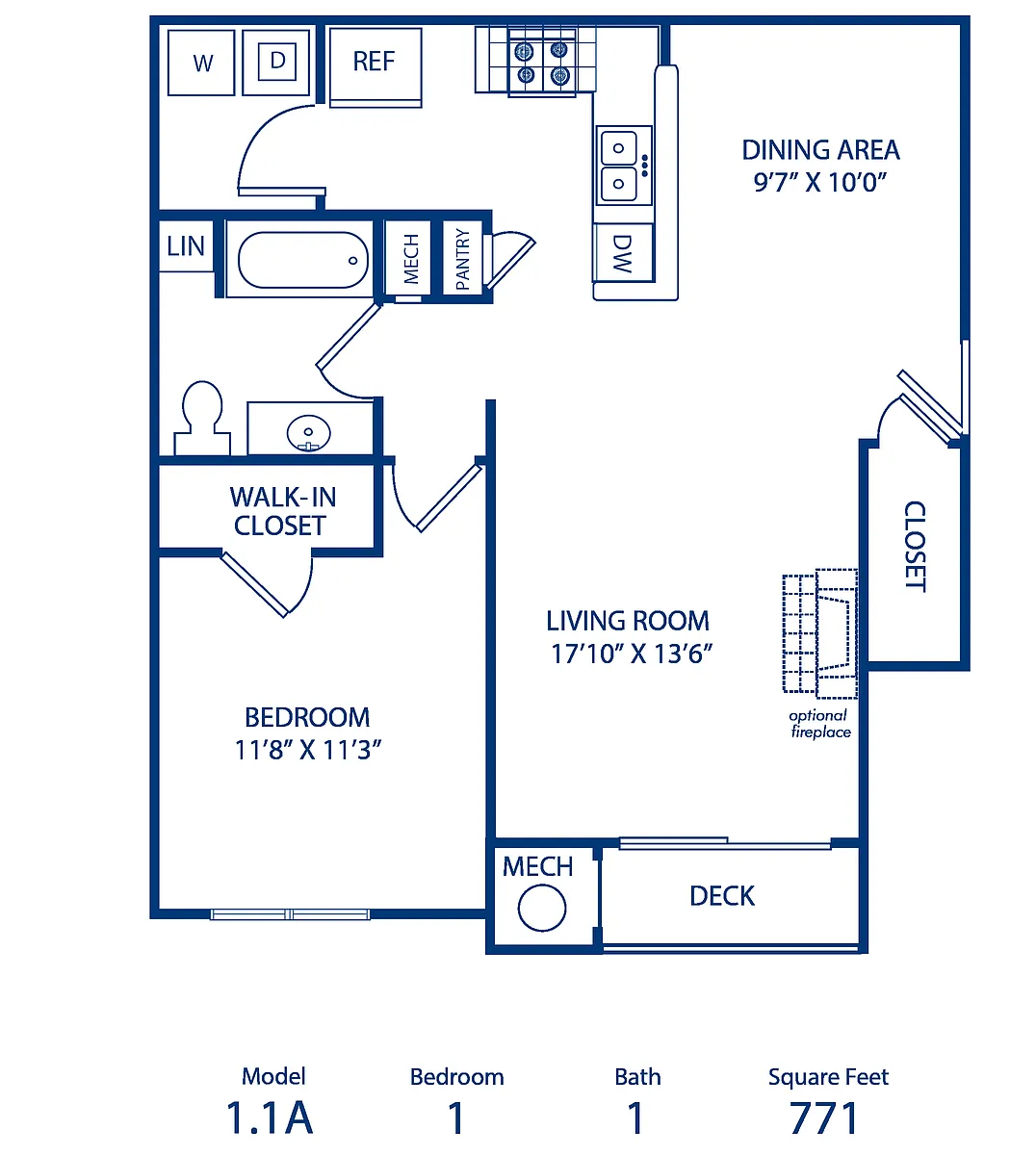 Floor plan 1BR 1BA 771 Sqft Income Restricted