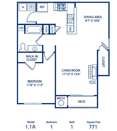 Floor plan 1BR 1BA 771 Sqft Income Restricted