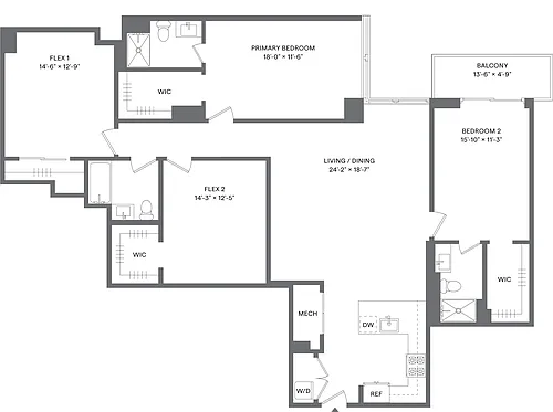 Floor plan 2 Bed+2Flex/3 Bath-B4A