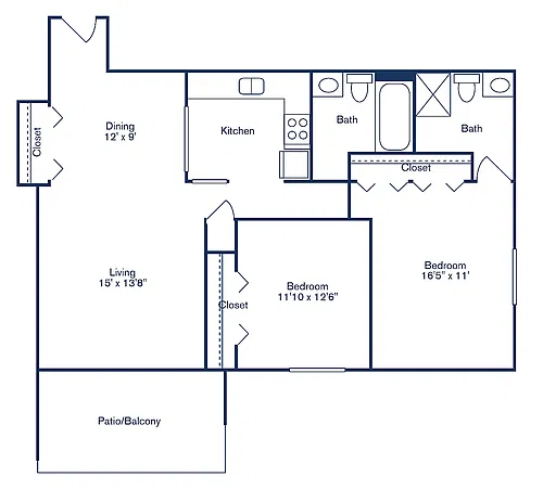 Floor plan 2 Bedroom, 2 Bath - Renovated
