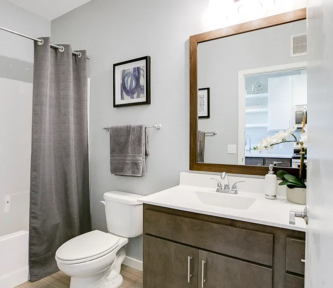 Bathrooms feature hardwood-style flooring and quartz countertops.