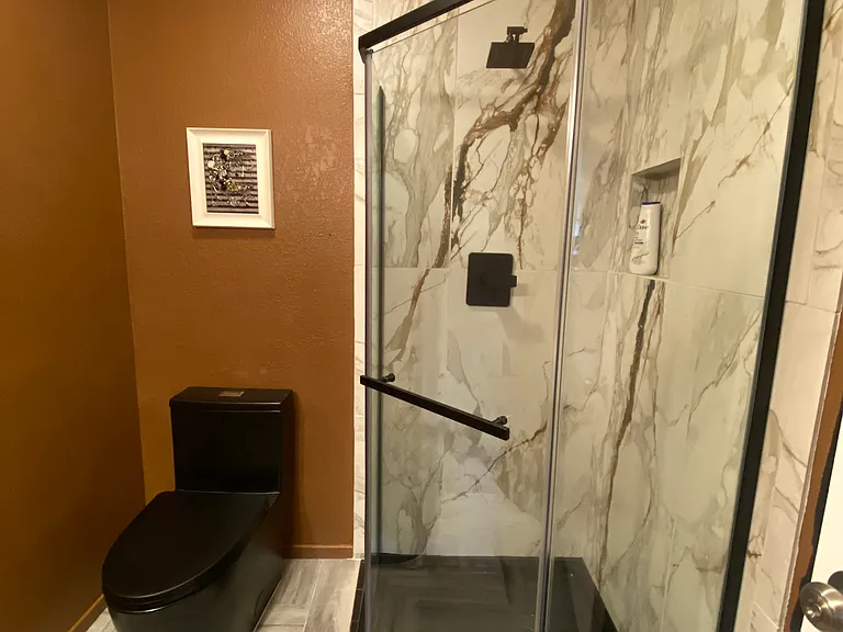 Newly installed shower, newer toilet and new vanity.