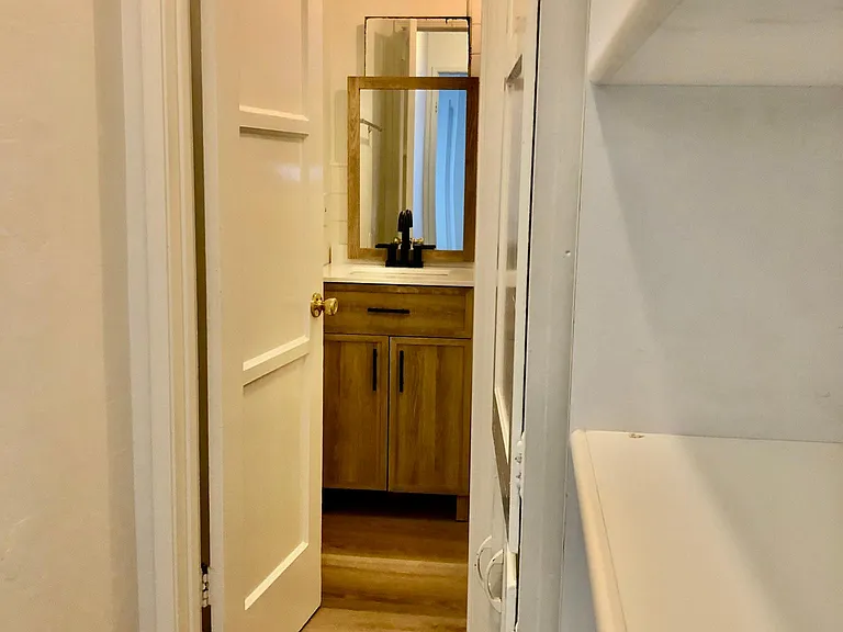 Looking down the hall to the bathroom and built in storage. If you go rt you will enter the hallway to the bedroom.