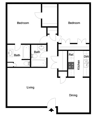 Floor plan 2 Bedroom 2 Bath-B2D