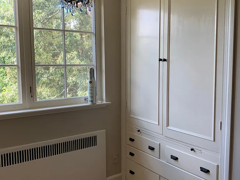 SECOND FLOOR: Linen storage with shelves above and drawers below, and across from this a deeper closet.