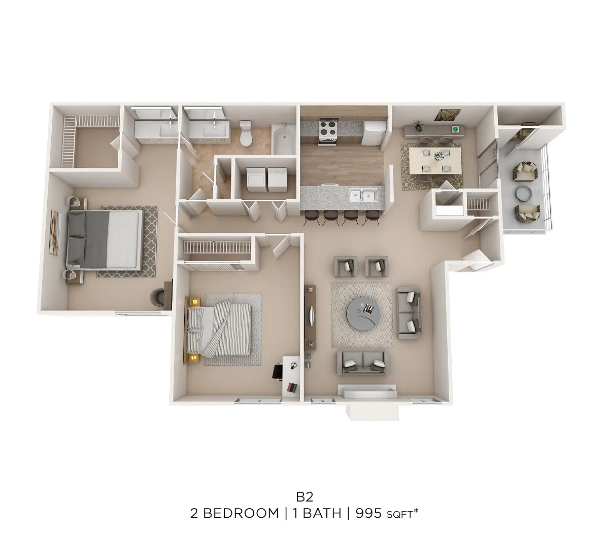 Floor plan Two Bed One Bath 995 Sqft
