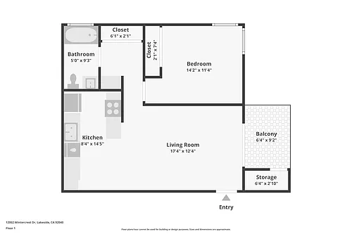 Floor plan One Bedroom non-remodeled