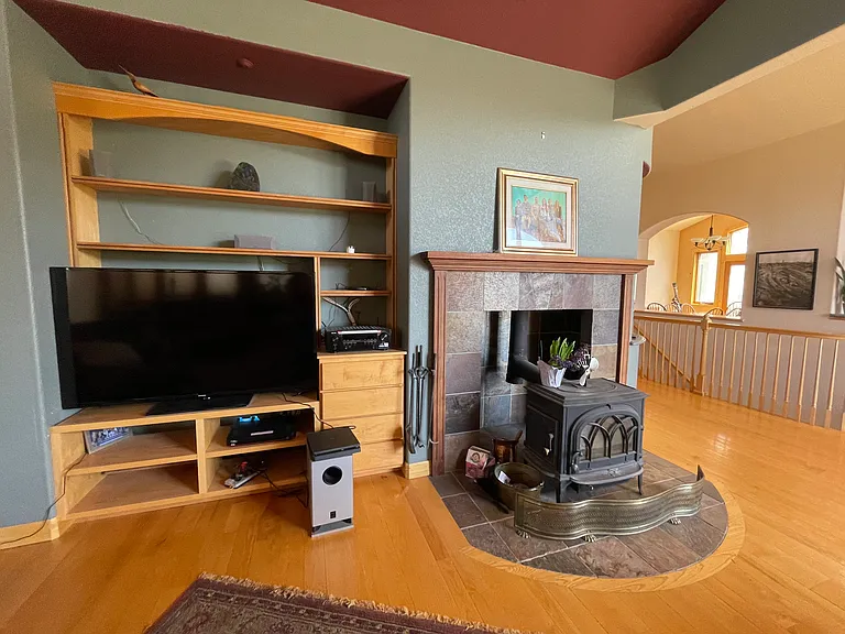 Wood burning stove and media center.