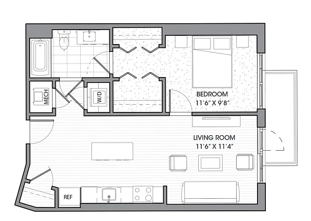 Floor plan One Bedroom One Bath (695 SF)