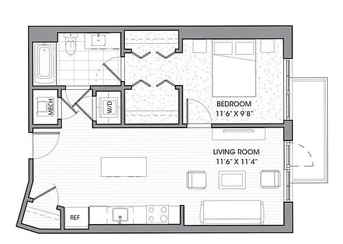 Floor plan One Bedroom One Bath (695 SF)