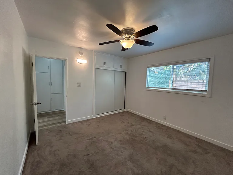 Bedroom with ceiling fan, carpet and natural light from window.