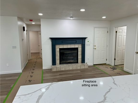 New gas fireplace insert with blower. You are standing in the kitchen looking out.