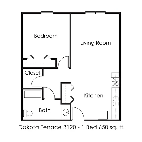 Floor plan 1 Bed 1 Bath | 650 sqft