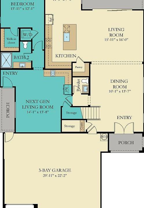 The area in aqua is the Next Gen unit available for rent. The door between the main house and next gen will be secured from both sides at all times.
