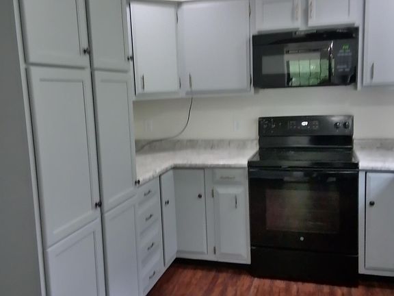 Kitchen has new microwave and stove with lots of cabinet space.