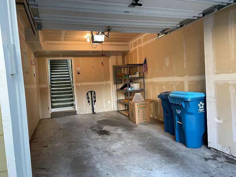Garage with shelving.