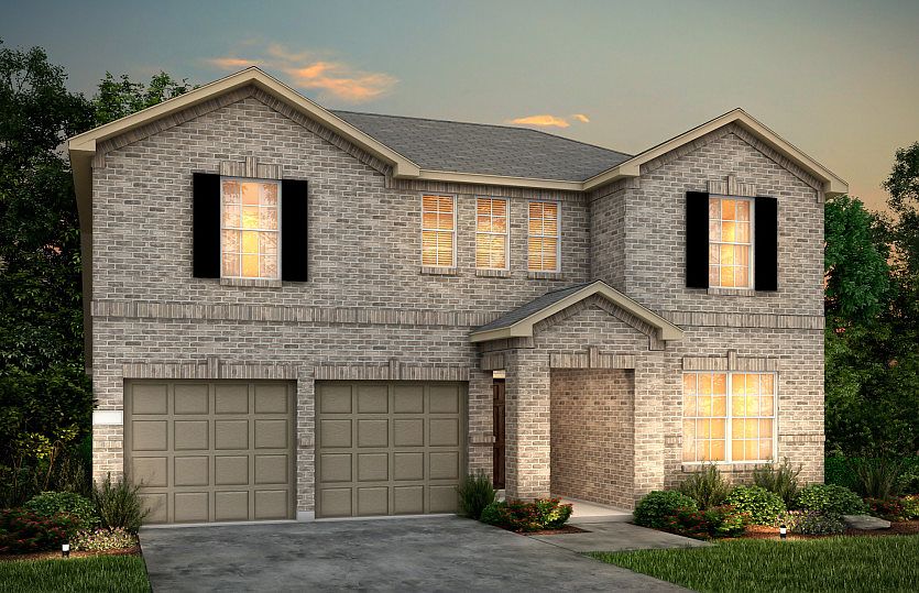 The Thomaston, a two-story home with shutters, shown with Home Exterior D Model representation
