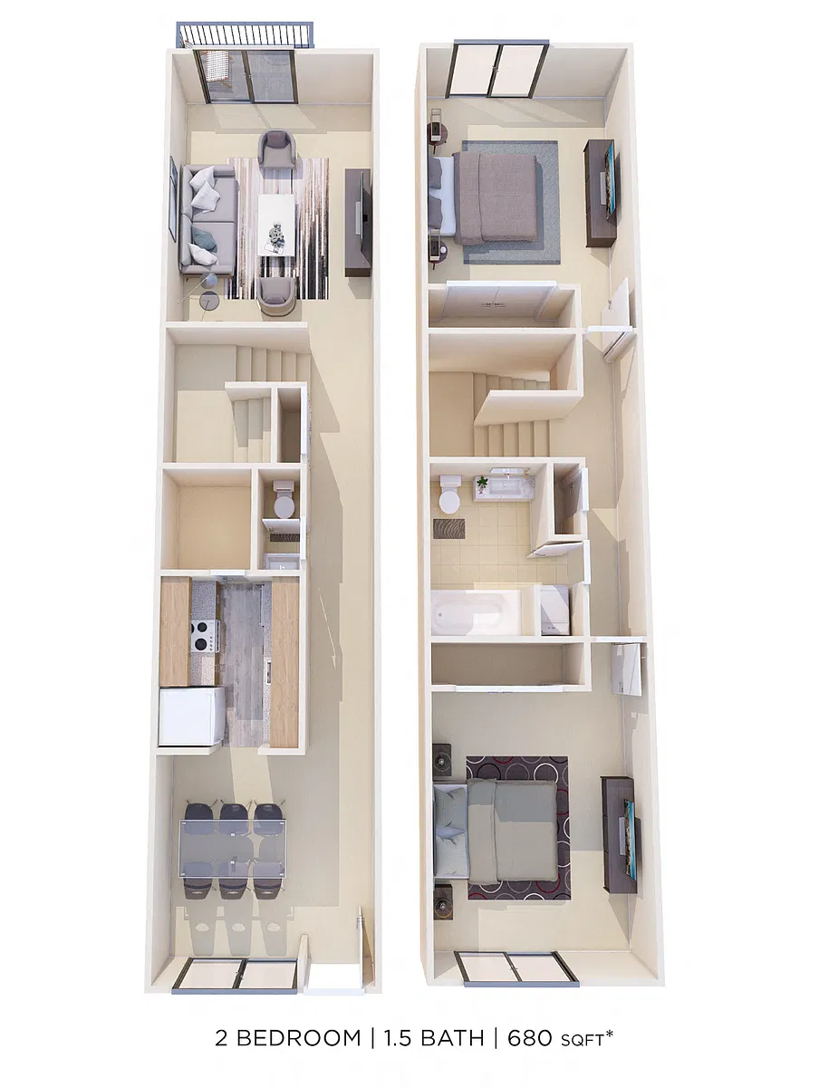 Floor plan Two Bedroom 1.5 Bath Townhome - 980 sqft
