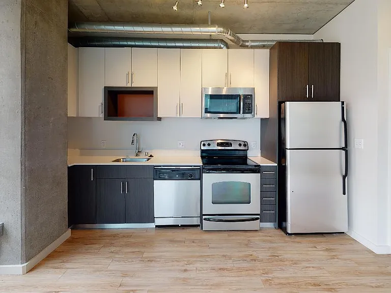 Apartment kitchen with stainless steel appliances, quartz countertops and wood-style flooring.
